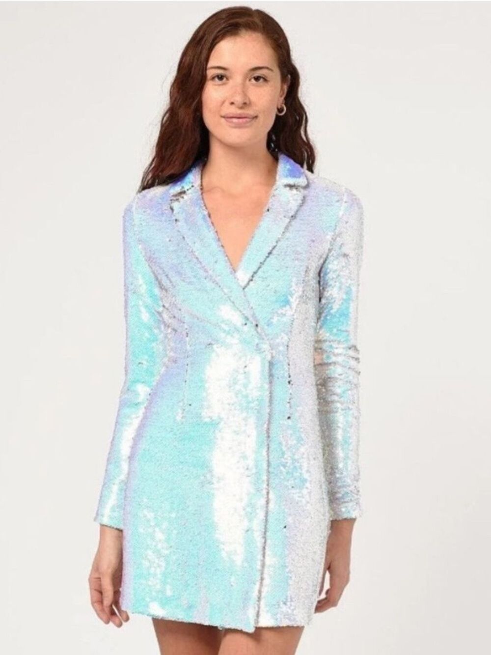 Adelyn Rae Sequin Long Sleeve Notch Lapel Collar Blazer Dress, Womens, Ice Blue